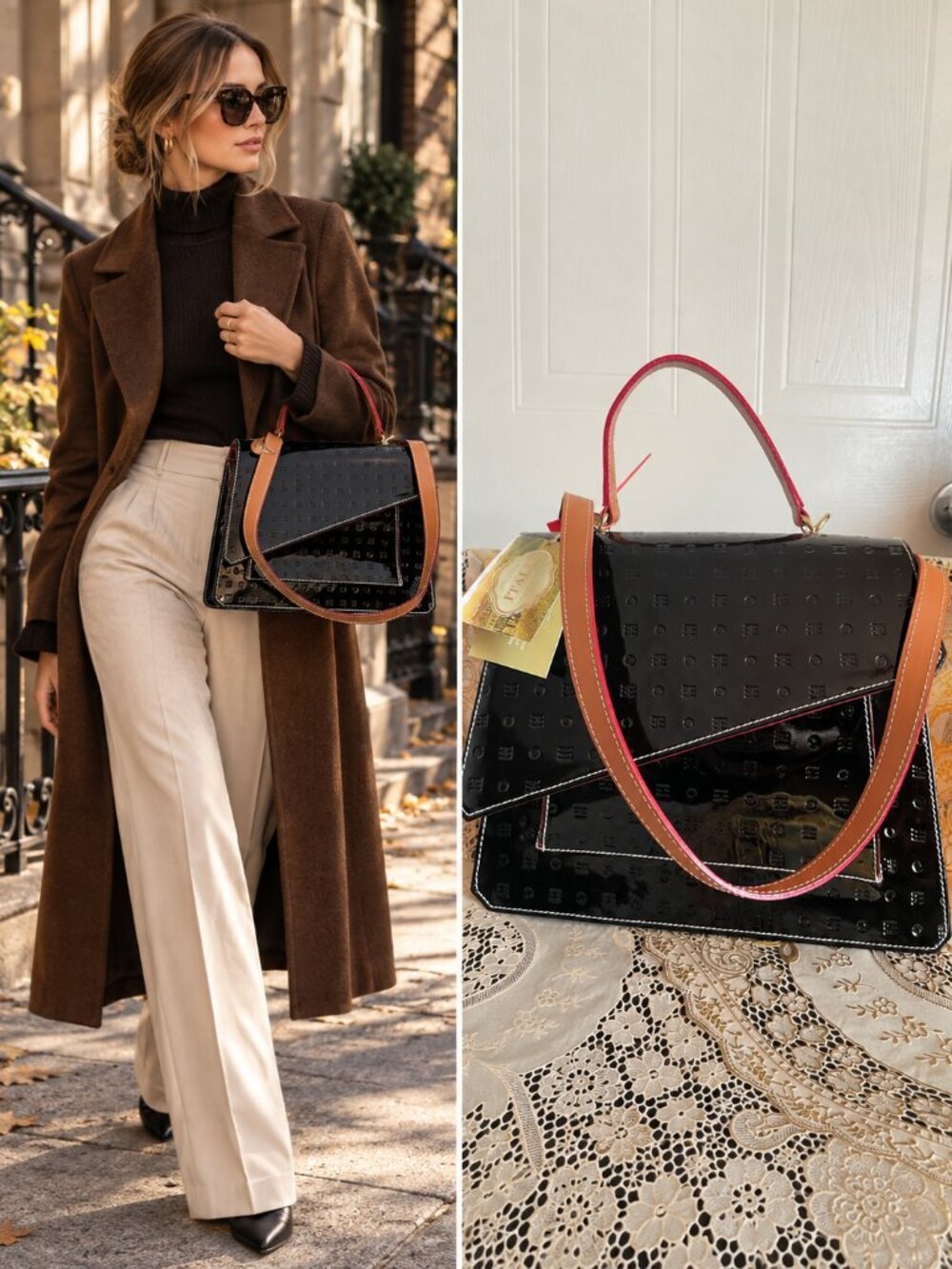 Arcadia Black Tan Patent Monogram Satchel Asymmetric Flap Italian Luxury NWT